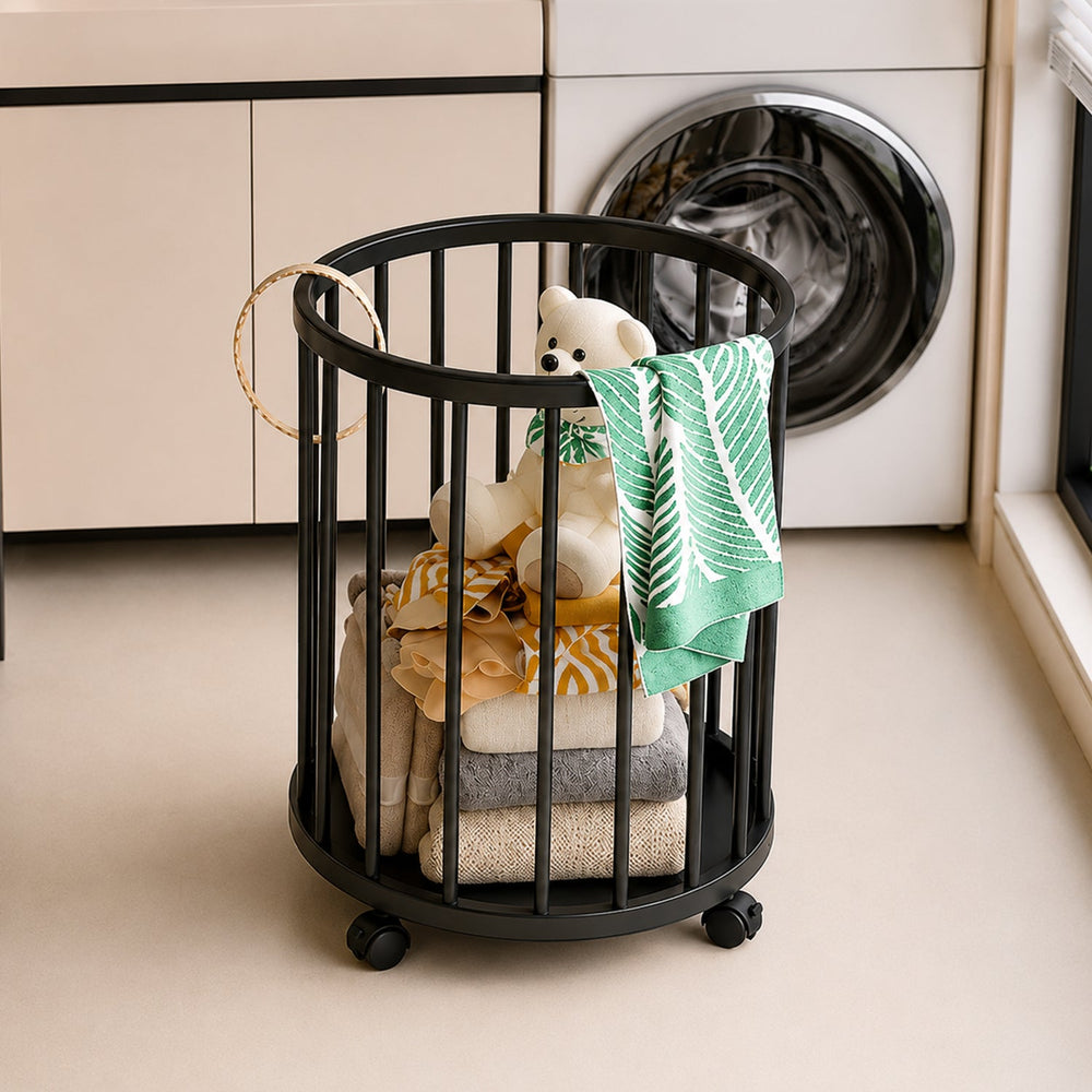 Metal Laundry Basket with Wheels, Round Standing Dirty Clothes Hamper (1 Pc) Your Brand