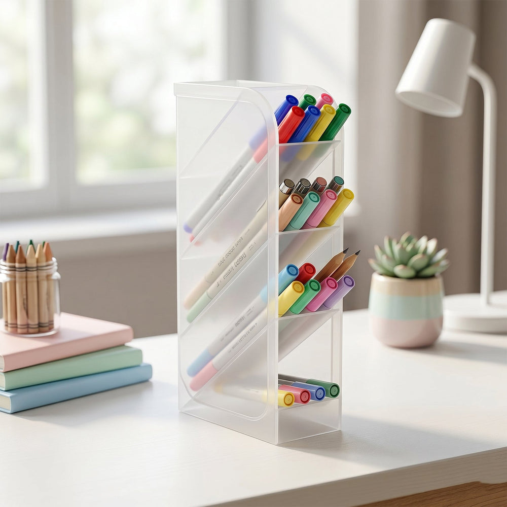 Desk Organizer – 4 Compartments in Clear Plastic for Office Supplies Your Brand