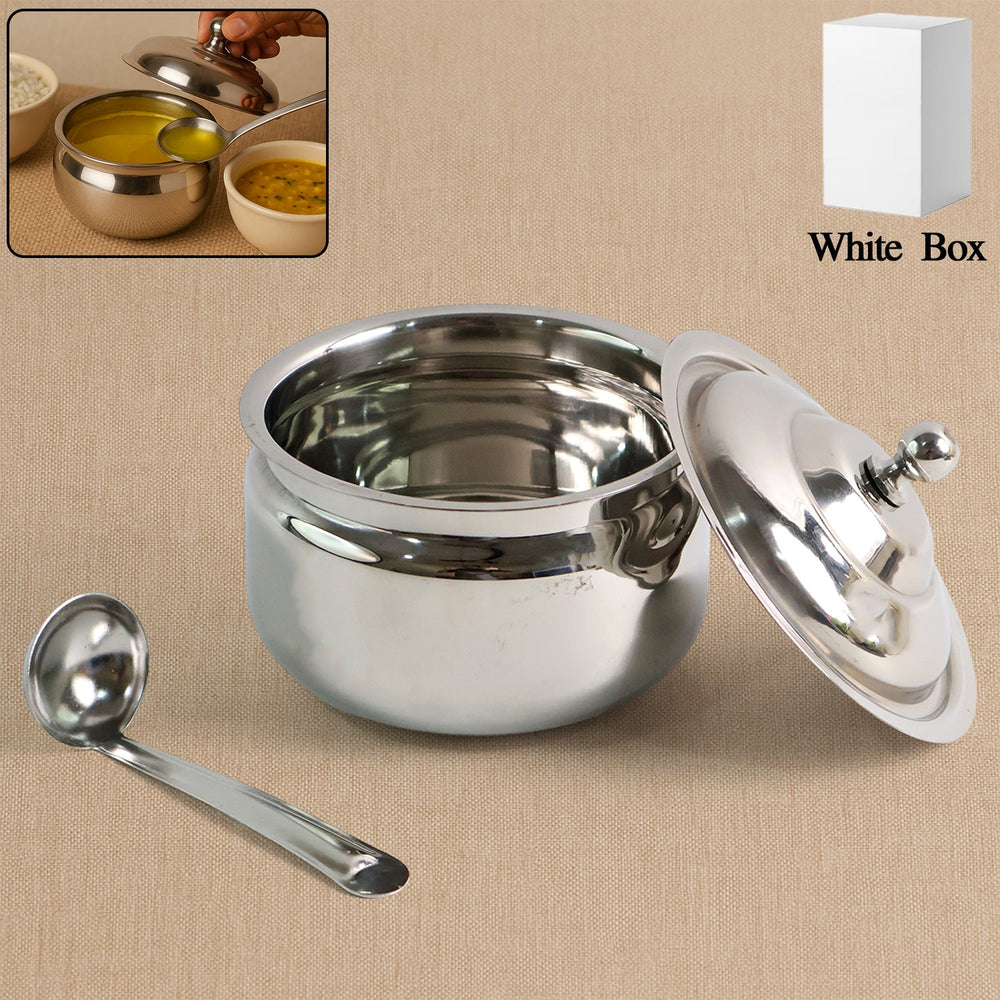 Stainless Steel Ghee Pot with Lid & Spoon Home Organization Storage Solution