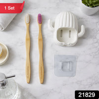 Wall mounted cactus style toothbrush holder with two bamboo toothbrushes
