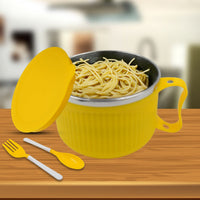 Lifestyle shot of the steel Maggie Bowl with Lid, filled with hot noodles for a cozy meal.