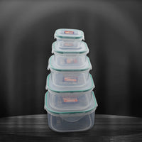 Side view of five versatile kitchen storage containers with snap-lock lids.