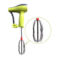 Close-up of the durable stainless steel blades of the manual hand blender.