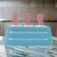 Close-up showing six giraffe-shaped plastic ice mold cavities