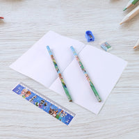 Detailed view of the cartoon-themed eraser and scale from the Kids Stationery Kit.