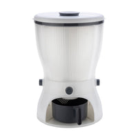 Detailed view of the easy-to-use push-button dispensing mechanism on the rice dispenser.