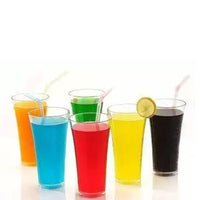Transparent plastic glasses, perfect for serving juice or other beverages.