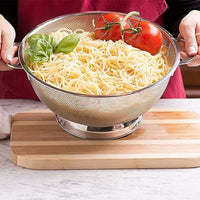 Top view of stainless steel mesh colander showing large capacity with handles