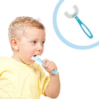 Comfortable U-shaped toothbrush in blue, perfect for little hands to grip.