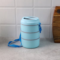 Open stackable 3 layer insulated lunch box set showing food compartments