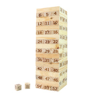 Stacking tower game using natural wooden blocks with numbers