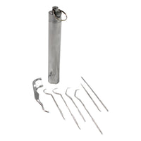 Close-up of the sleek, portable case for the stainless steel dental set.