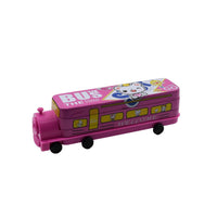Close-up of the bus-shaped pencil case, featuring the integrated sharpener and glitter water details.