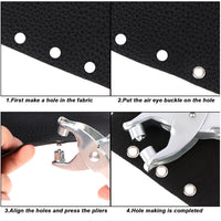 Several gleaming gold eyelets scattered next to the main grommet setting pliers on a clean surface.