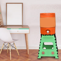 Versatile 18-inch brown folding stool being used by an adult for a high shelf.