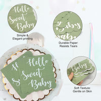 Disposable paper napkin set in mint green with Hello Sweet Baby design for celebrations