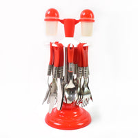 View of the complete 26-piece luxury cutlery set with its sturdy revolving stand, highlighting its organized storage.