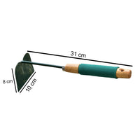Angled shot of the gardening hoe blade and handle, emphasizing its robust construction.