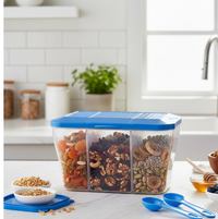 Airtight 3-section food storage box with a clear lid, showcasing organized ingredients.