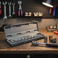 BoltForce socket wrench set neatly arranged on its red organizing tray for easy access.