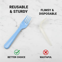 A side profile of the reusable plastic forks, demonstrating their ergonomic handle and robust tines.