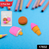 Close-up of a 3-piece set of fancy erasers, perfect as return gifts for kids.