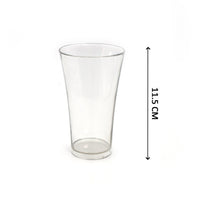 A hand holding one of the clear plastic juice glasses, demonstrating its ergonomics.