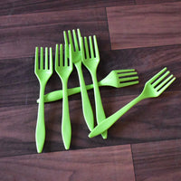 Versatile 6-piece plastic serving fork set, suitable for various foods.