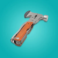 The all-in-one hammer multitool with its carrying pouch, ideal for camping and daily use.