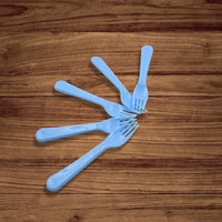 Durable reusable plastic forks, a 5-piece set, ready for various culinary applications.