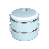 The compact, leakproof stainless steel lunch box displayed open, showing two compartments.
