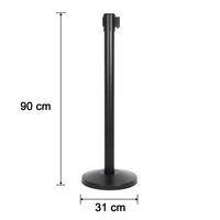 Side view of heavy duty crowd control pole with sturdy base and retractable belt