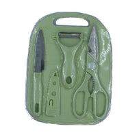 Multipurpose kitchen cutting board with integrated knife and scissor storage.