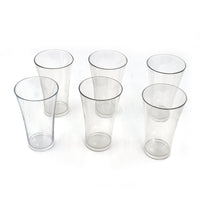 Transparent plastic drinking glasses filled with refreshing beverages.