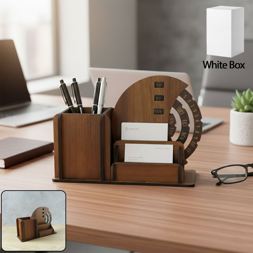 Wooden Desk Organizer with Rotating Calendar for Office Kitchen Storage Organizer Solution