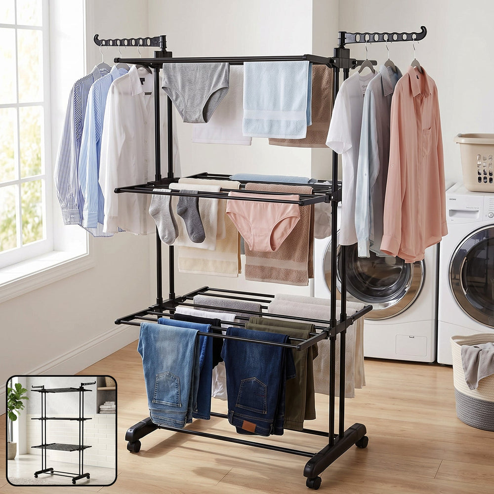 Expandable Garment Rack – 3 Layer Cloth Drying Stand with Wheels Your Brand