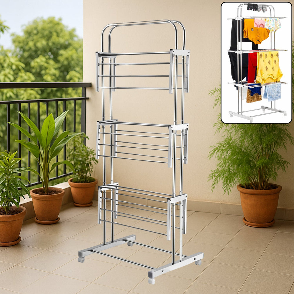 Stainless Steel Clothes Drying Stand – Foldable 3-Layer Rack with Wheels Your Brand