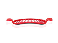 Close-up of the banana slicer's handle and cutting blades for precise use.