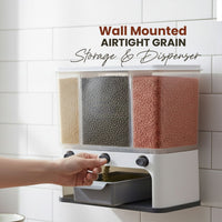 Side view of the transparent wall-mounted cereal dispenser in a kitchen setting.