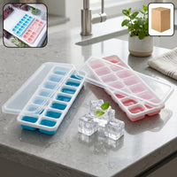 Plastic ice cube tray with lid designed for freezer use