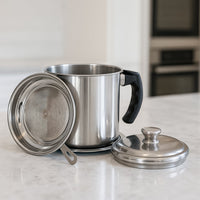 Durable oil filter pot with removable fine mesh strainer and ergonomic handle