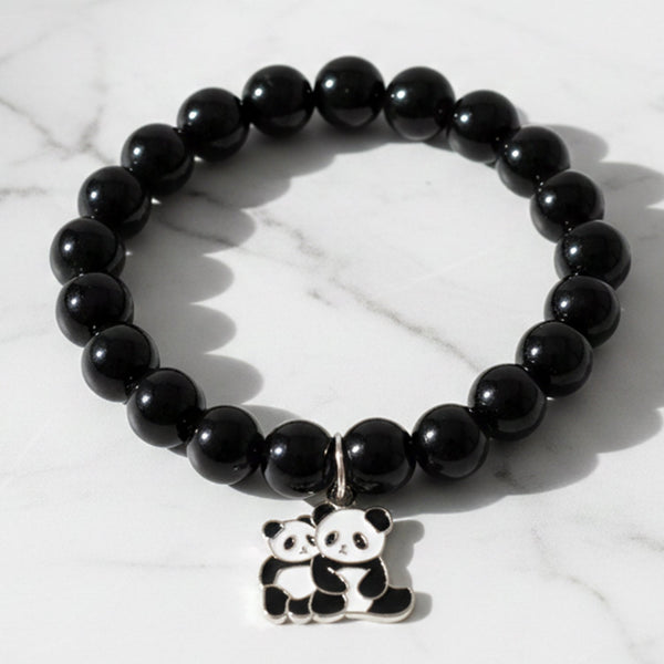 Black Beaded Stretch Bracelet – Cute Panda Charm Accessory