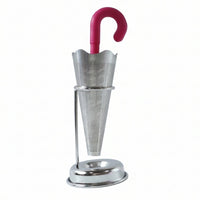 Stainless steel umbrella tea infuser resting securely on its dedicated drip tray stand, preventing spills.