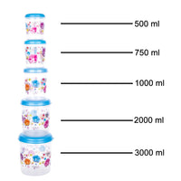 Full set of 5 transparent plastic containers neatly arranged in a modern kitchen.
