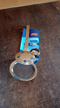 Stainless steel skimmer serving tong by Apex in use with fried snacks