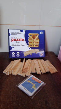 Packaging of the Wooden Pattern Puzzle set, showing contents and age recommendation.