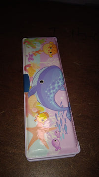 Brightly colored plastic pencil case, perfect for young students.