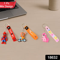 Close-up of a cute 3D cartoon silicone keychain with a metal hook and strap.