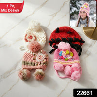 Woolen ear flap winter hat with adjustable tie for children