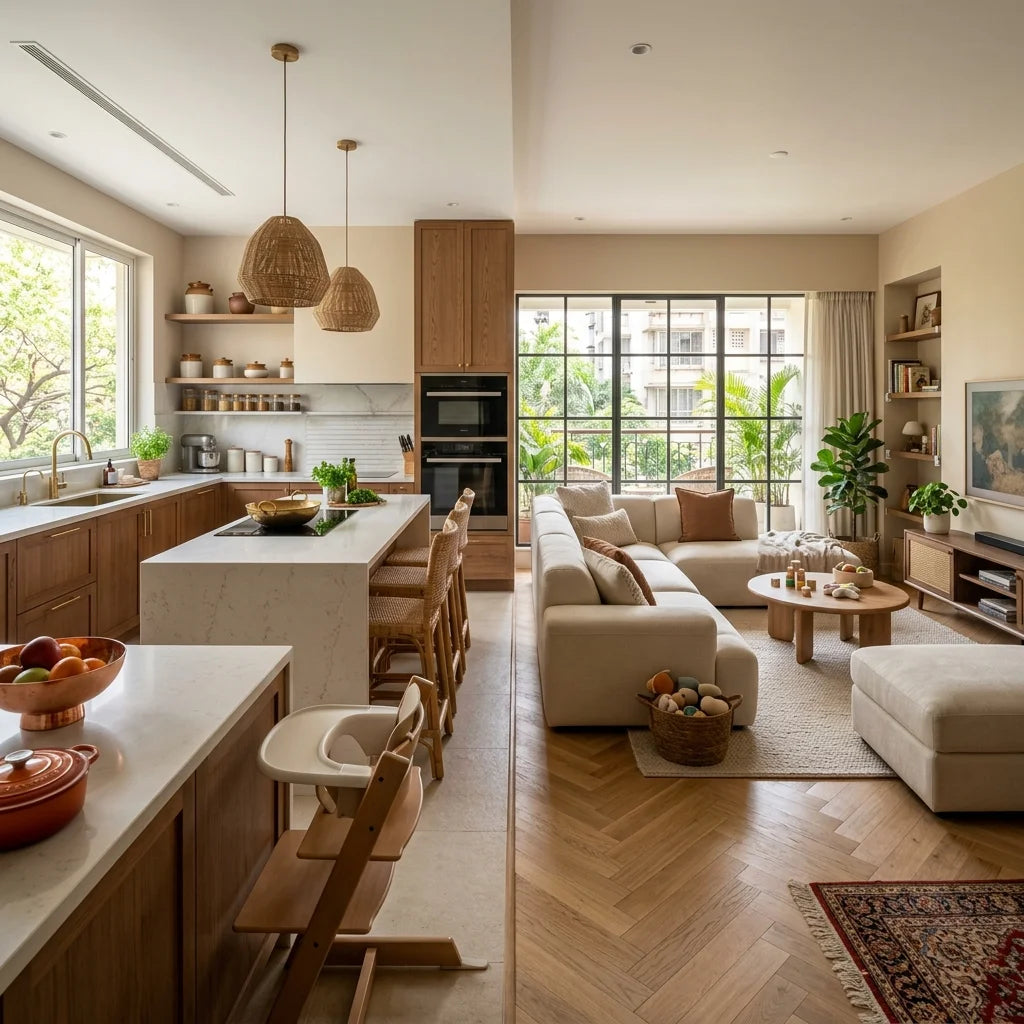 Happy modern Indian family in modular organized kitchen